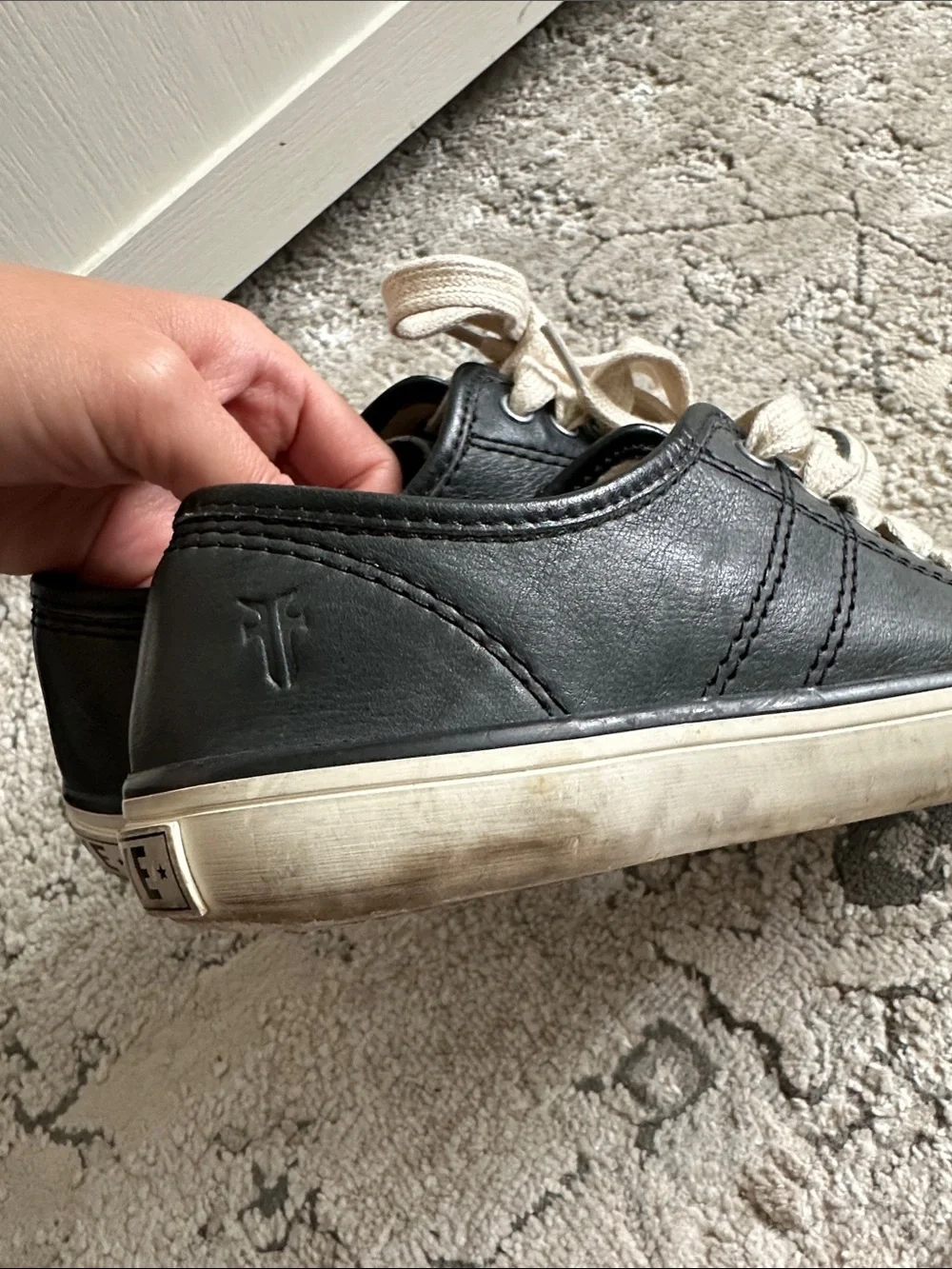 Frye‎ Black Leather Low-Top Sneakers with Cream Laces